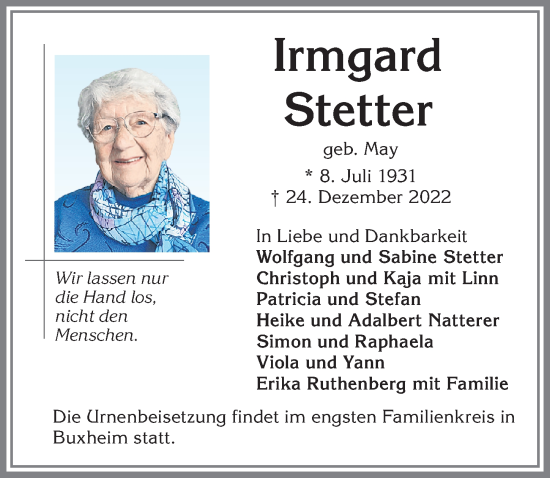 Traueranzeige von Irmgard Stetter von Memminger Zeitung