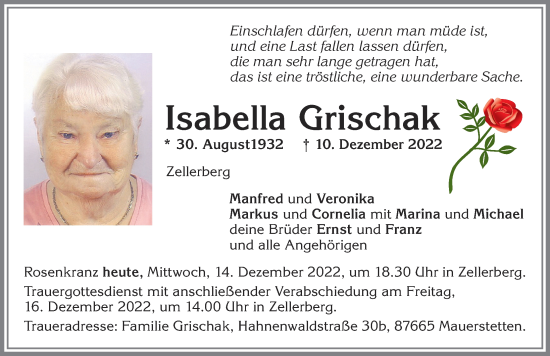 Traueranzeige von Isabella Grischak von Allgäuer Zeitung, Kaufbeuren/Buchloe