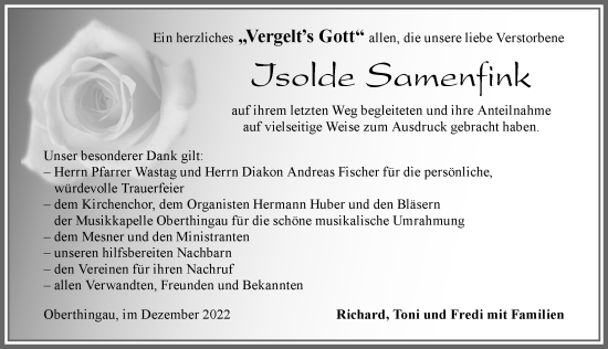 Traueranzeige von Isolde Samenfink von Allgäuer Zeitung, Marktoberdorf