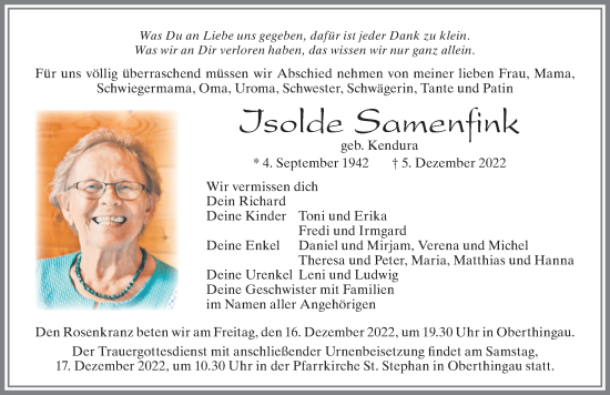 Traueranzeige von Isolde Samenfink von Allgäuer Zeitung, Marktoberdorf