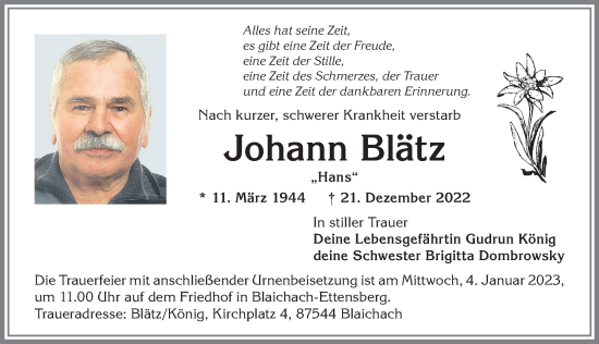 Traueranzeige von Johann Blätz von Allgäuer Anzeigeblatt