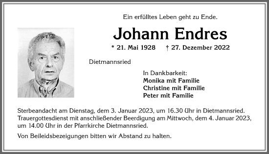 Traueranzeige von Johann Endres von Allgäuer Zeitung,Kempten