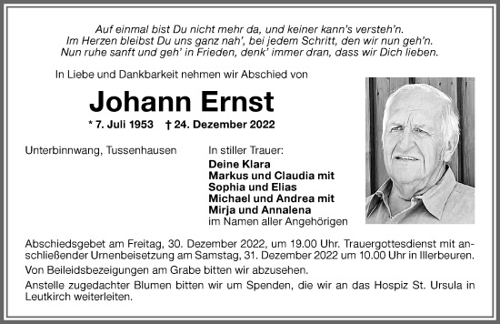 Traueranzeige von Johann Ernst von Memminger Zeitung