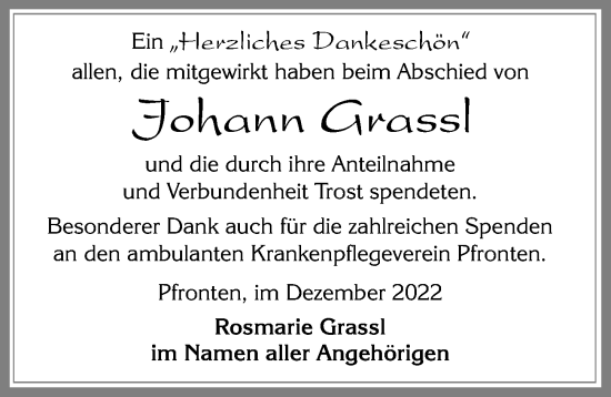Traueranzeige von Johann Grassl von Allgäuer Zeitung, Füssen