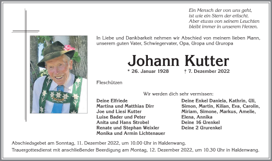 Traueranzeige von Johann Kutter von Allgäuer Zeitung,Kempten