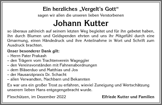 Traueranzeige von Johann Kutter von Allgäuer Zeitung,Kempten