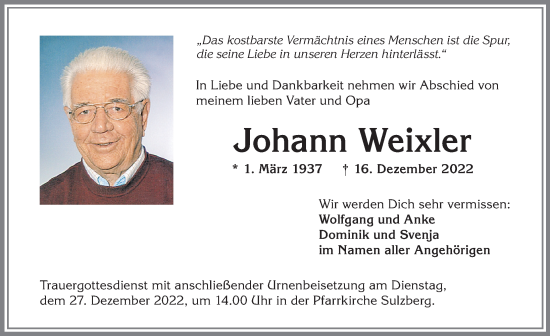 Traueranzeige von Johann Weixler von Allgäuer Zeitung,Kempten