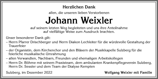 Traueranzeige von Johann Weixler von Allgäuer Zeitung,Kempten