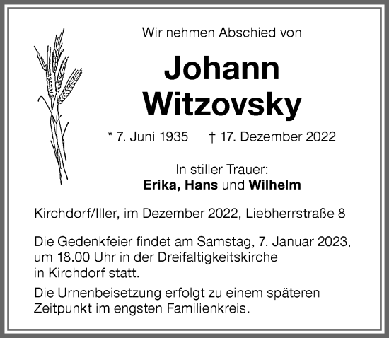 Traueranzeige von Johann Witzovsky von Memminger Zeitung