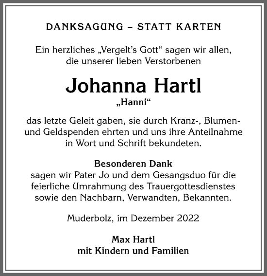 Traueranzeige von Johanna Hartl von Allgäuer Anzeigeblatt