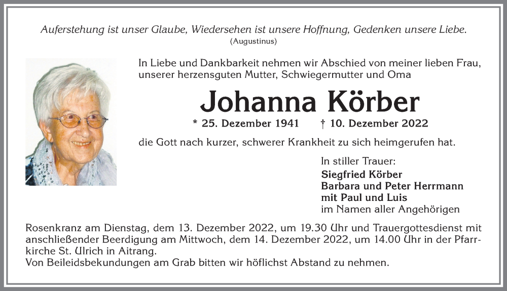  Traueranzeige für Johanna Körber vom 13.12.2022 aus Allgäuer Zeitung, Marktoberdorf
