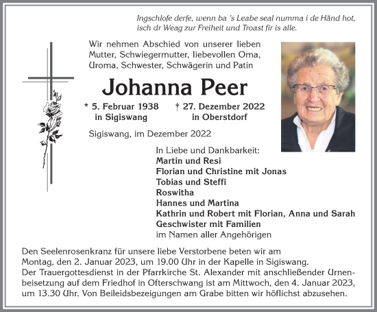 Traueranzeige von Johanna Peer von Allgäuer Anzeigeblatt