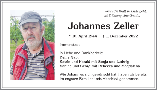 Traueranzeige von Johannes Zeller von Allgäuer Anzeigeblatt