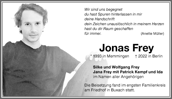 Traueranzeige von Jonas Frey von Memminger Zeitung