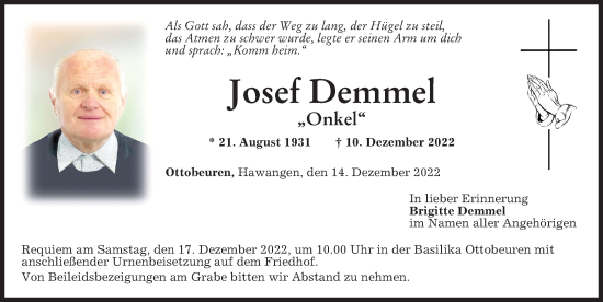 Traueranzeige von Josef Demmel von Memminger Zeitung