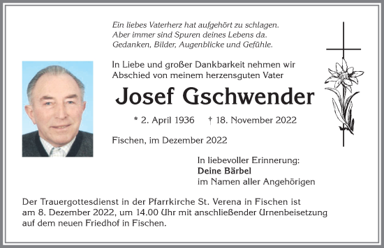 Traueranzeige von Josef Gschwender von Allgäuer Anzeigeblatt