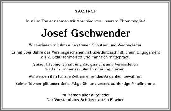 Traueranzeige von Josef Gschwender von Allgäuer Anzeigeblatt