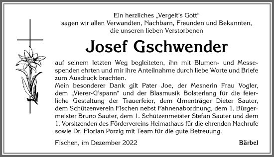 Traueranzeige von Josef Gschwender von Allgäuer Anzeigeblatt