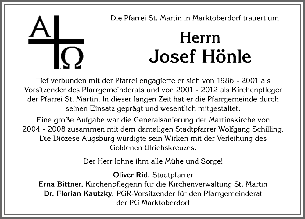  Traueranzeige für Josef Hönle vom 28.12.2022 aus Allgäuer Zeitung, Marktoberdorf