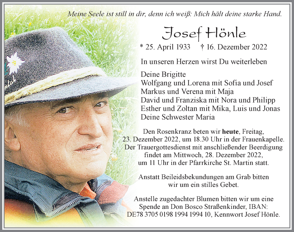  Traueranzeige für Josef Hönle vom 23.12.2022 aus Allgäuer Zeitung, Marktoberdorf