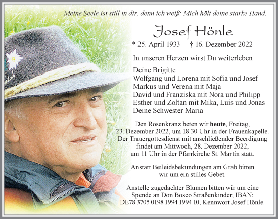 Traueranzeige von Josef Hönle von Allgäuer Zeitung, Marktoberdorf