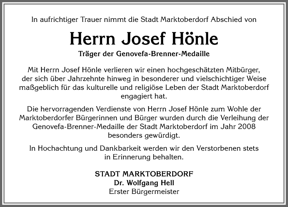  Traueranzeige für Josef Hönle vom 23.12.2022 aus Allgäuer Zeitung, Marktoberdorf