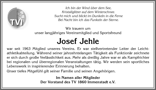 Traueranzeige von Josef Jehle von Allgäuer Anzeigeblatt
