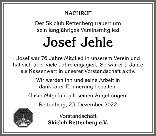 Traueranzeige von Josef Jehle von Allgäuer Anzeigeblatt