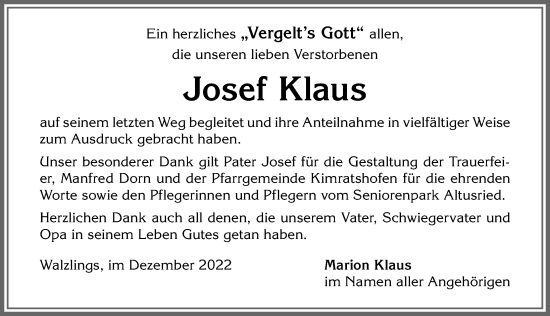 Traueranzeige von Josef Klaus von Allgäuer Zeitung,Kempten