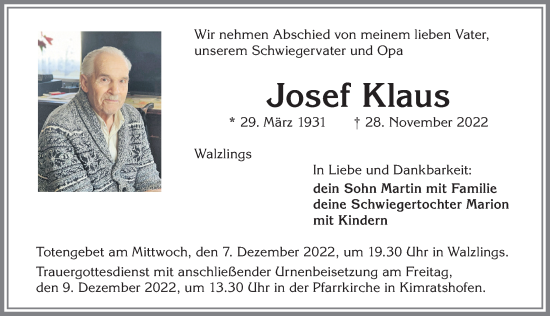 Traueranzeige von Josef Klaus von Allgäuer Zeitung,Kempten