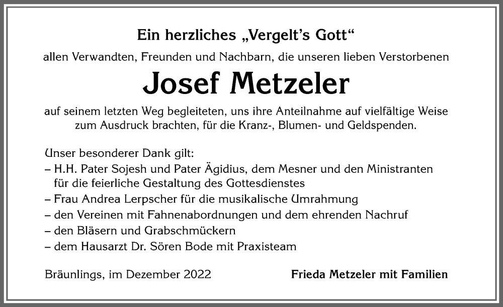  Traueranzeige für Josef Metzeler vom 20.12.2022 aus Allgäuer Anzeigeblatt