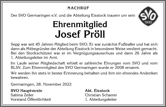 Traueranzeige von Josef Pröll von Allgäuer Zeitung, Kaufbeuren/Buchloe
