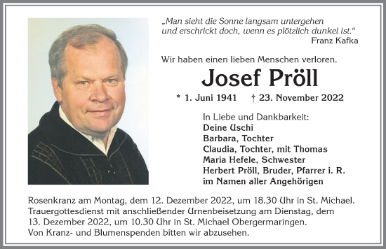Traueranzeige von Josef Pröll von Allgäuer Zeitung, Kaufbeuren/Buchloe