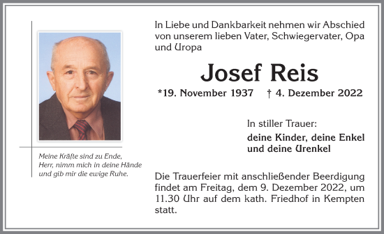 Traueranzeige von Josef Reis von Allgäuer Zeitung,Kempten