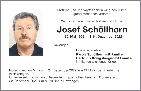 Traueranzeige von Josef Schöllhorn von Memminger Zeitung