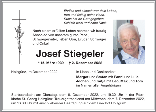 Traueranzeige von Josef Stiegeler von Memminger Zeitung