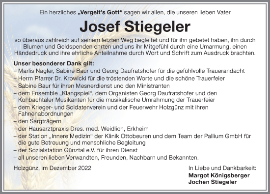 Traueranzeige von Josef Stiegeler von Memminger Zeitung