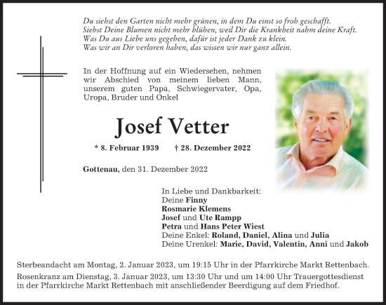 Traueranzeige von Josef Vetter von Memminger Zeitung