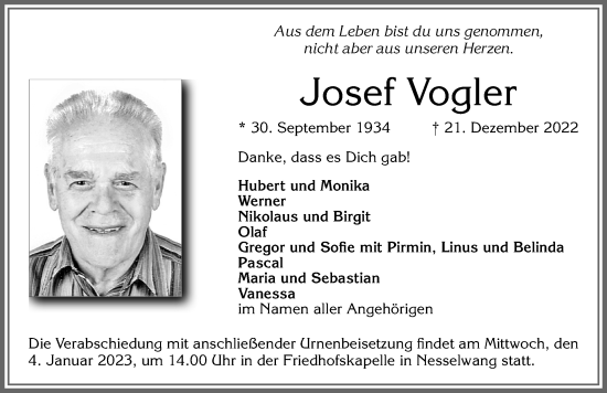 Traueranzeige von Josef Vogler von Allgäuer Zeitung, Füssen