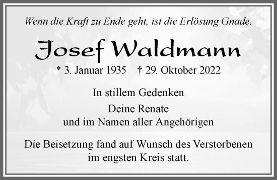 Traueranzeige von Josef Waldmann von Allgäuer Zeitung, Marktoberdorf