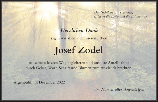 Traueranzeige von Josef Zodel von Der Westallgäuer