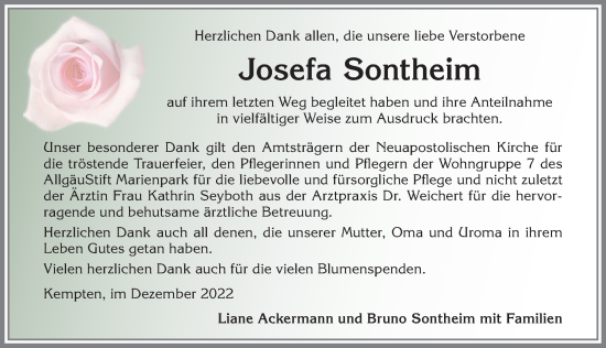 Traueranzeige von Josefa Sontheim von Allgäuer Zeitung,Kempten
