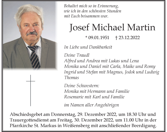 Traueranzeige von Josef Michael Martin von Der Westallgäuer