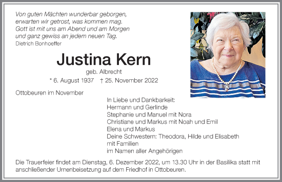 Traueranzeige von Justina Kern von Memminger Zeitung