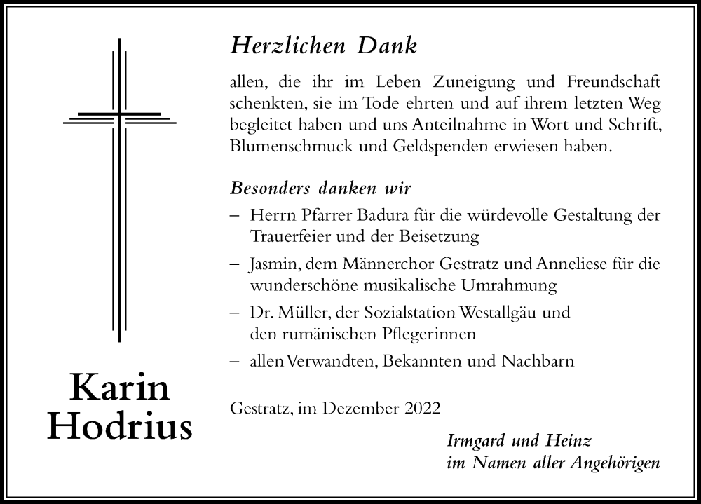  Traueranzeige für Karin Hodrius vom 21.12.2022 aus Der Westallgäuer