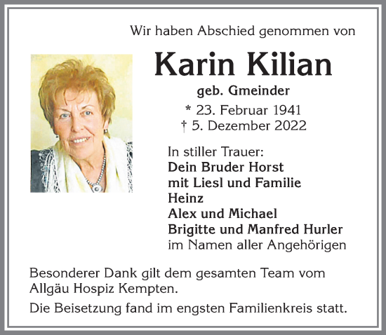 Traueranzeige von Karin Kilian von Allgäuer Zeitung,Kempten