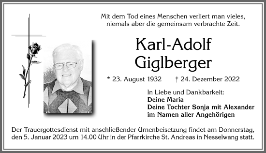 Traueranzeige von Karl-Adolf Giglberger von Allgäuer Zeitung, Füssen
