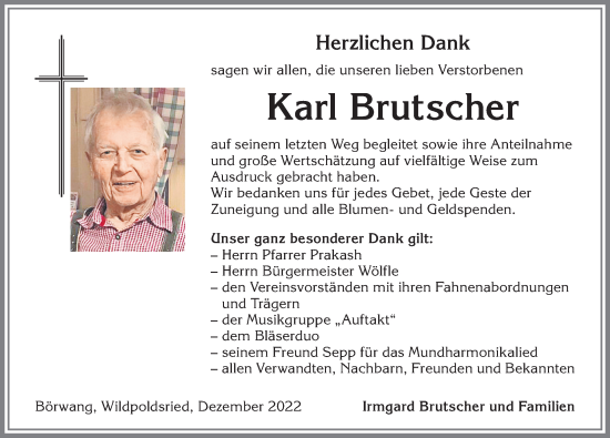 Traueranzeige von Karl Brutscher von Allgäuer Zeitung,Kempten