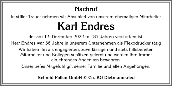 Traueranzeige von Karl Endres von Allgäuer Zeitung,Kempten
