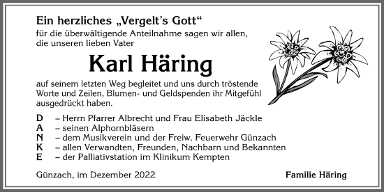 Traueranzeige von Karl Häring von Allgäuer Zeitung, Marktoberdorf